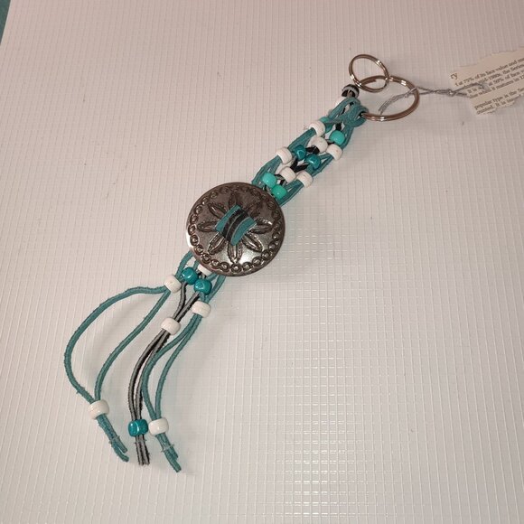 Key Chain Purse Accessory Silver Turquoise Leather Beads Metal vintage - Picture 1 of 5